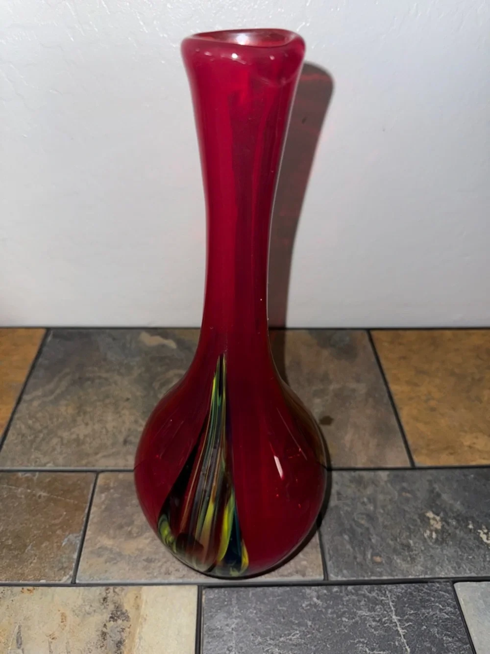 Pier 1 14.5 Red Handblown Glass Bud Vase with Multicolor Teardrop Accent